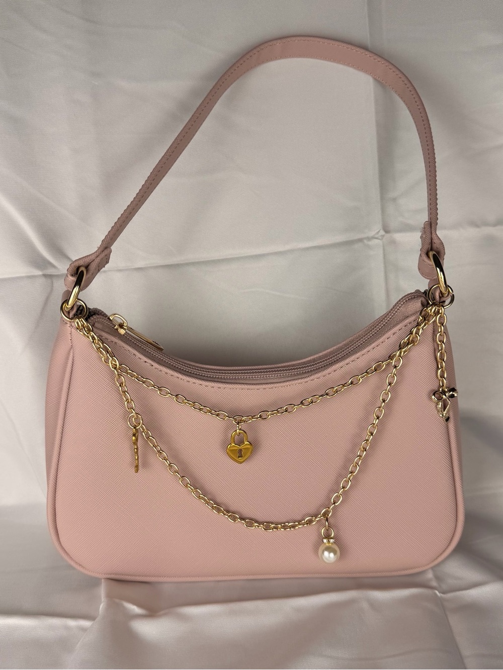 Blush Pink Y2K Shoulder Bag with Gold Chain Charms